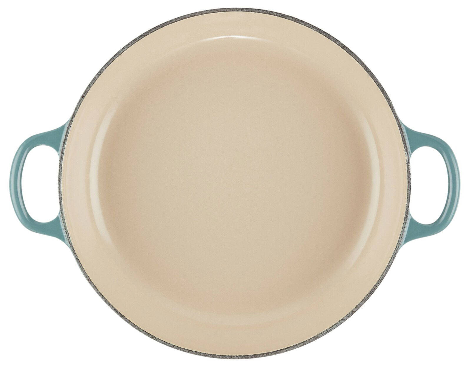 Servierpfanne 26cm Ocean, Draufsicht, mit blauen Griffen und cremefarbener Innenfläche