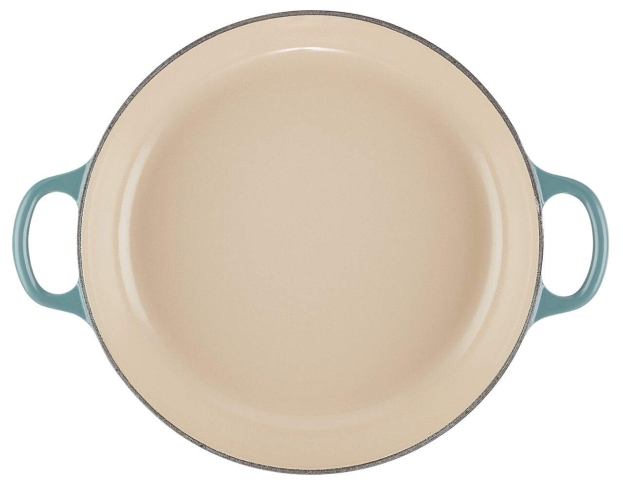 Servierpfanne 26cm Ocean, Draufsicht, mit blauen Griffen und cremefarbener Innenfläche