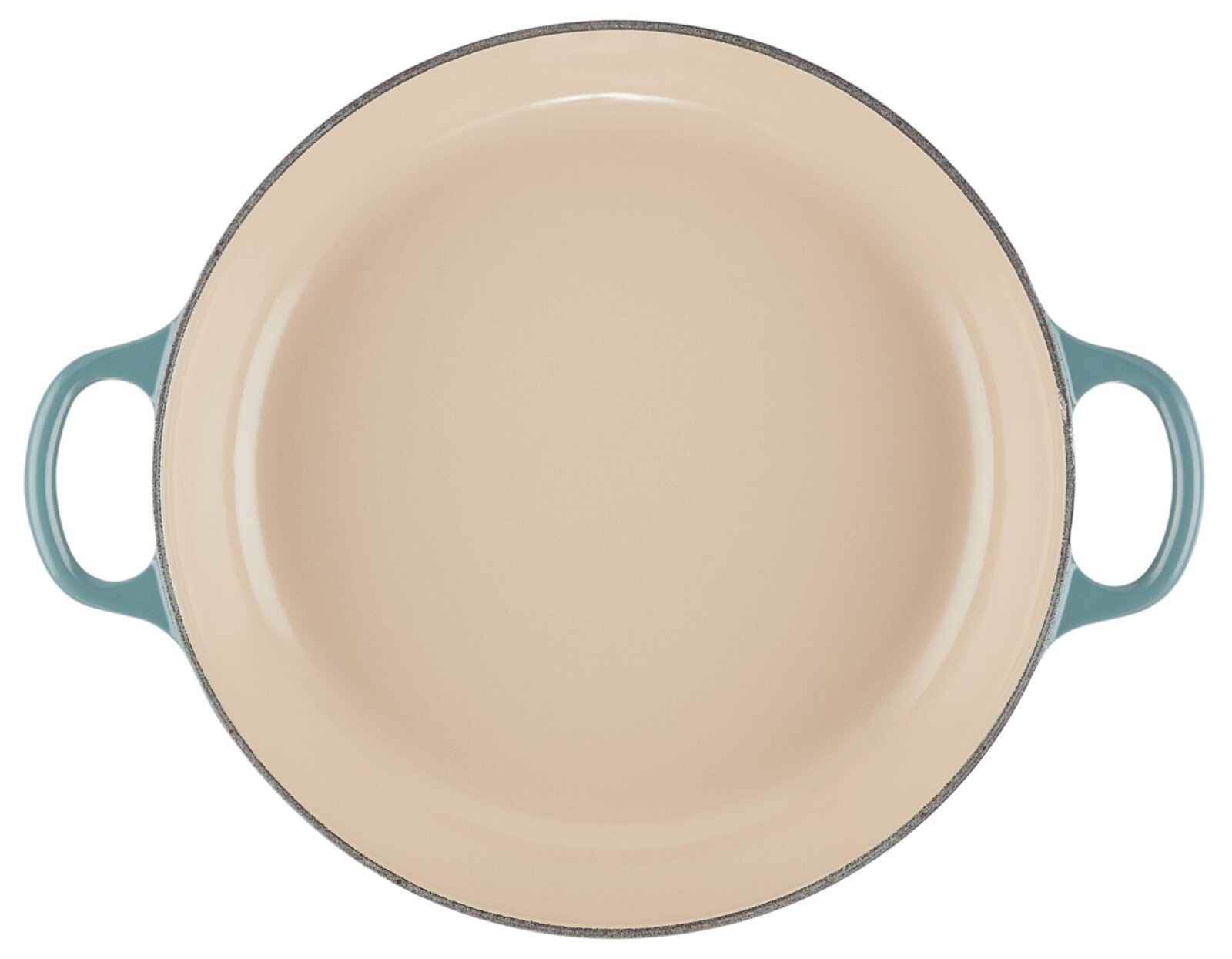 Servierpfanne 26cm Ocean, Draufsicht, mit blauen Griffen und cremefarbener Innenfläche