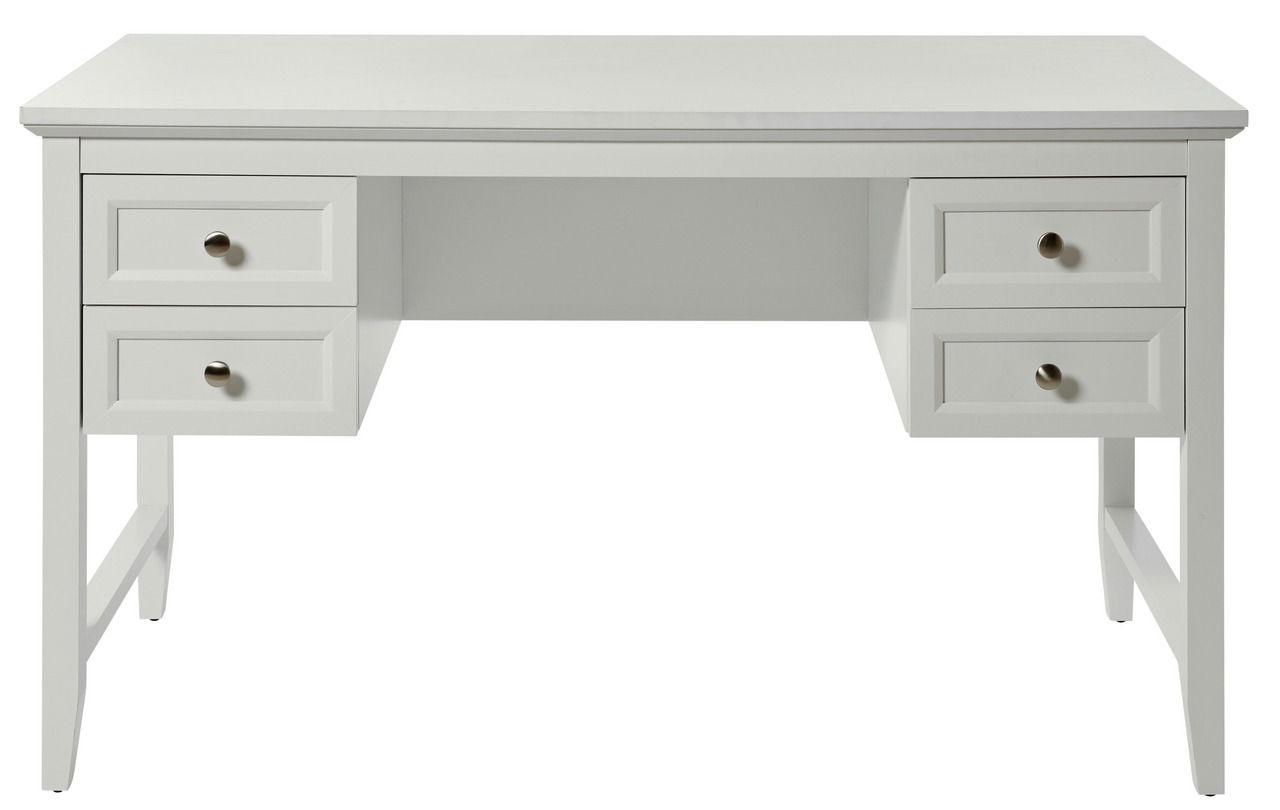 Weißer Schreibtisch mit vier Schubladen, frontal betrachtet.