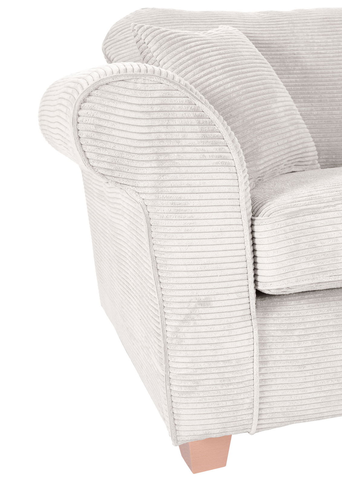 Z2 Sofa 2-Sitzer COAT Nahaufnahme eines hellgrauen 2-Sitzer Sofas mit geripptem Stoffbezug und Holzfuß, seitliche Perspektive.