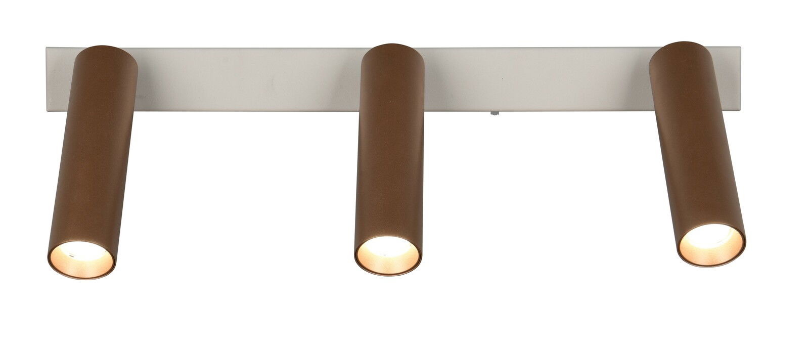 Dreifacher Strahler in brauner Zylinderform, frontal betrachtet, mit warmem Licht.