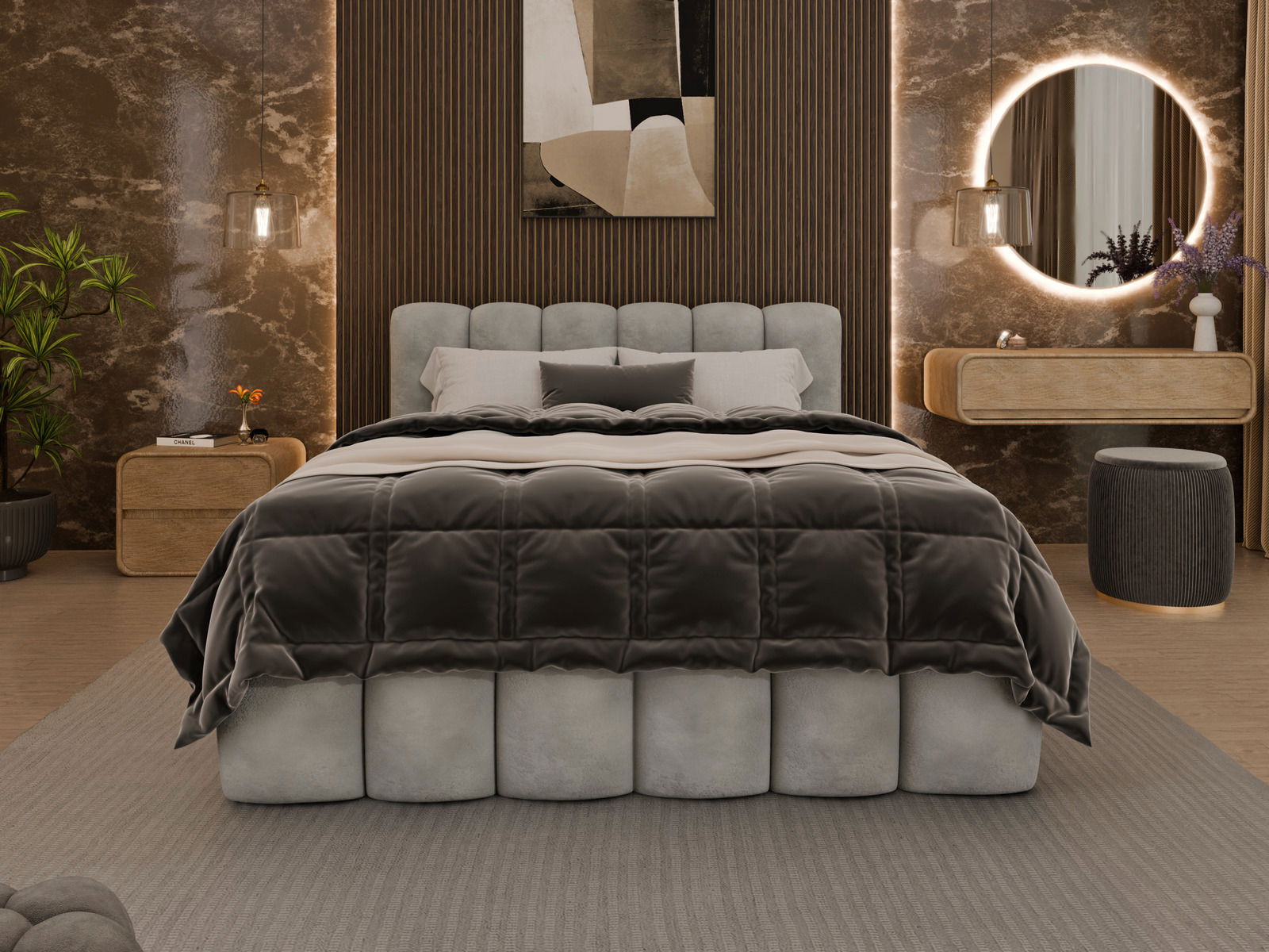 Frontale Ansicht eines eleganten Polsterbettgestells in einem stilvoll eingerichteten Schlafzimmer mit modernen Akzenten.