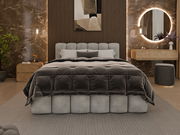 Frontale Ansicht eines eleganten Polsterbettgestells in einem stilvoll eingerichteten Schlafzimmer mit modernen Akzenten.