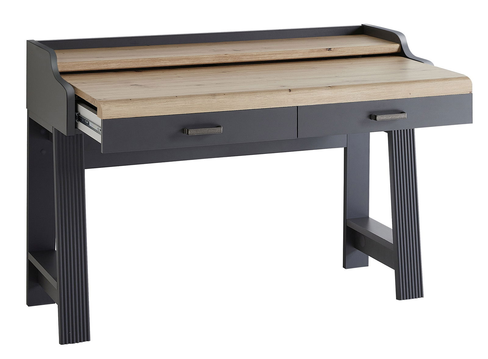 Moderner Sekretär mit dunklem Gestell und heller Holzplatte, seitliche Perspektive