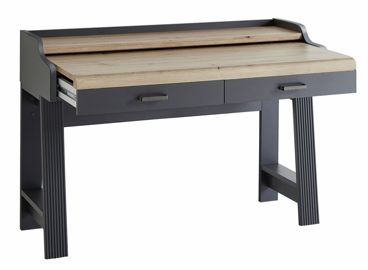 Moderne secretaire met donker frame en licht houten blad, zijaanzicht