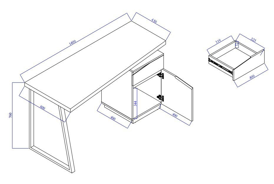 Isometrische Zeichnung eines Schreibtisches mit Schublade und Schranktür, Maße angegeben.