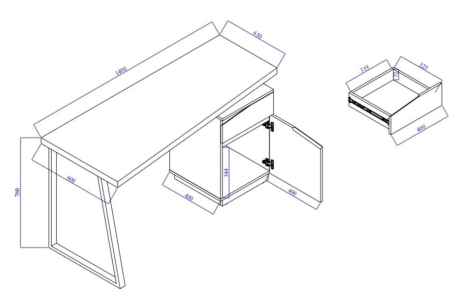 Isometrische Zeichnung eines Schreibtisches mit Schublade und Schranktür, Maße angegeben.