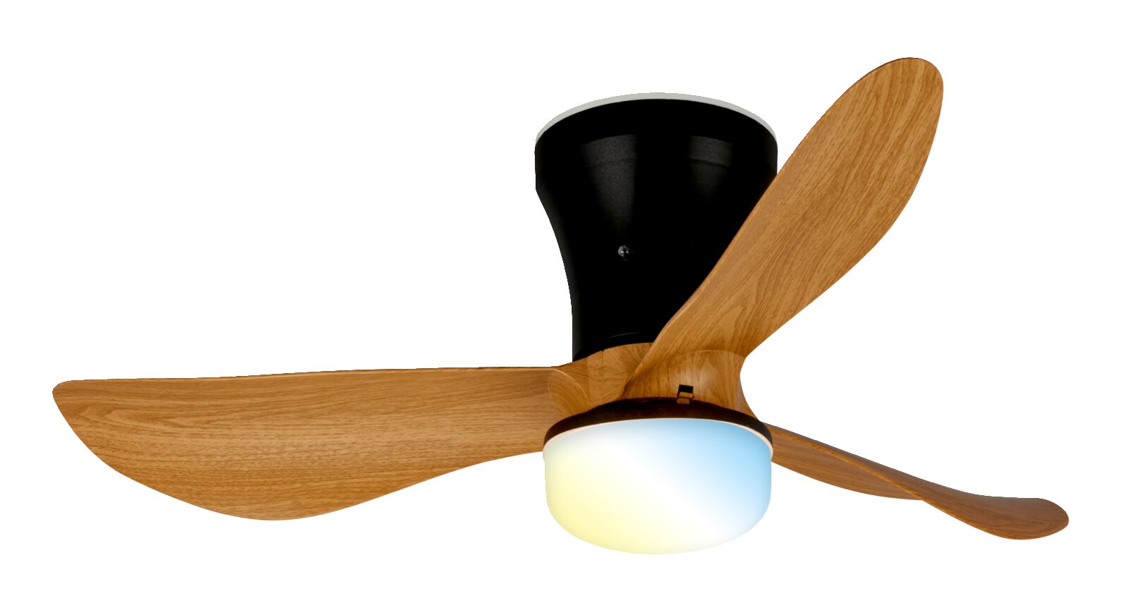 Moderner Deckenventilator mit drei Holzflügeln, schwarzem Motorgehäuse und integriertem LED-Licht, Ansicht von unten in leichter Schrägperspektive