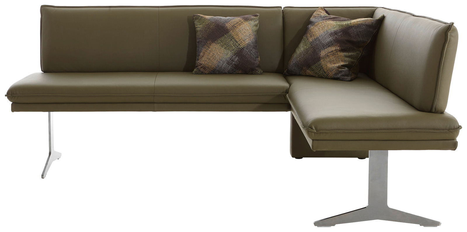 Moderne olivgrüne Eckbank mit zwei gemusterten Kissen, seitliche Perspektive