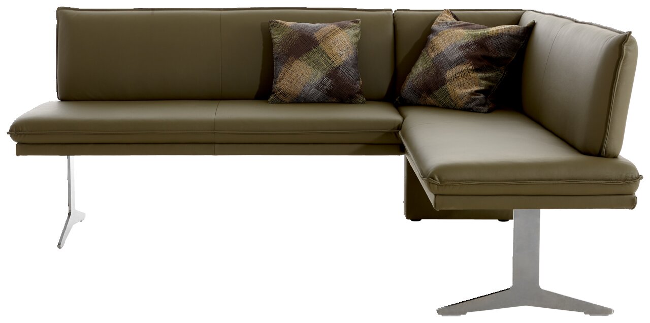 Moderne olivgrüne Eckbank mit zwei gemusterten Kissen, seitliche Perspektive