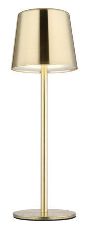 Elegante Tischleuchte aus goldfarbenem Metall, frontal abgebildet.