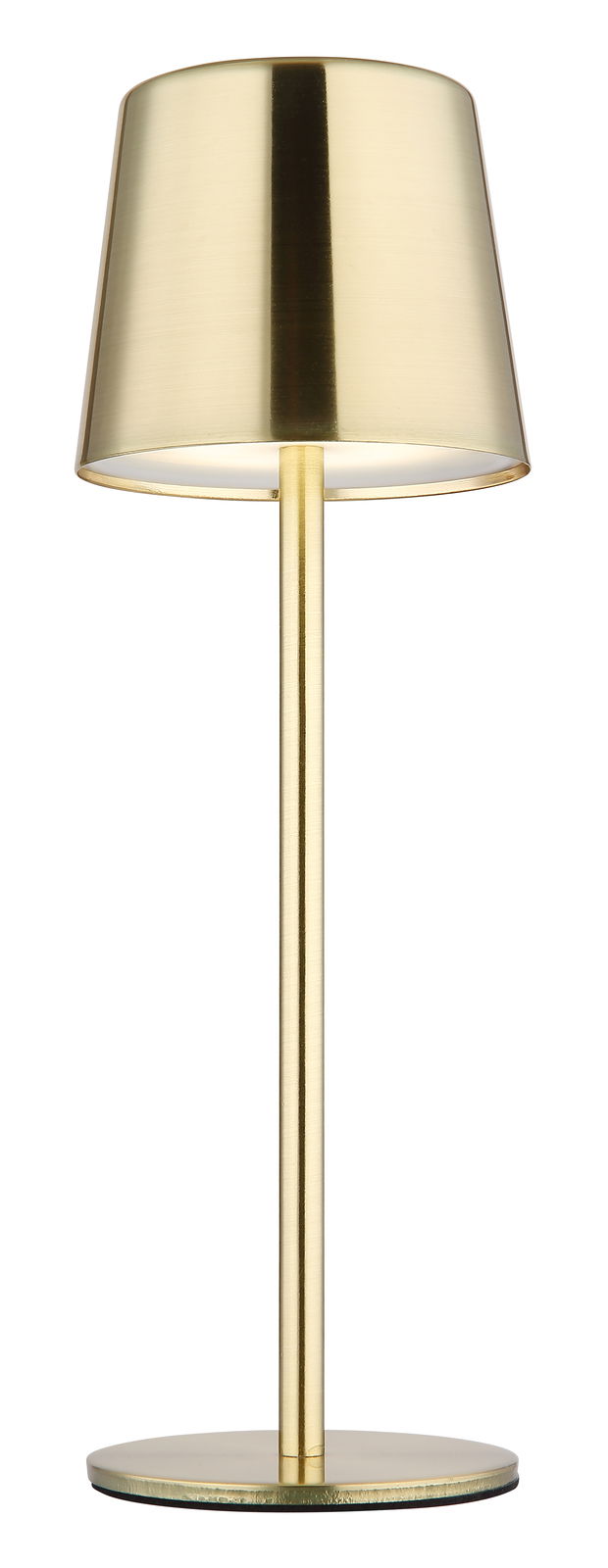 Elegante Tischleuchte aus goldfarbenem Metall, frontal abgebildet.