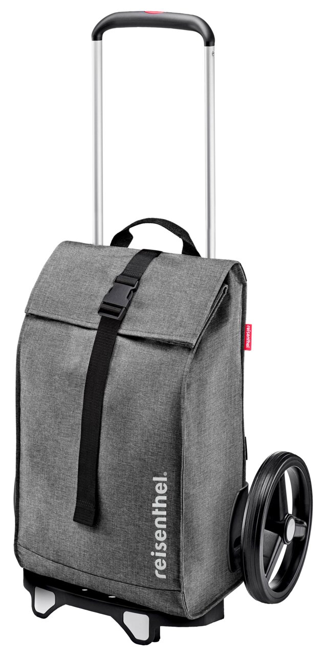 Grauer Citycruiser Twist Silver von reisenthel mit Teleskopgriff und großen Rädern, seitliche Perspektive