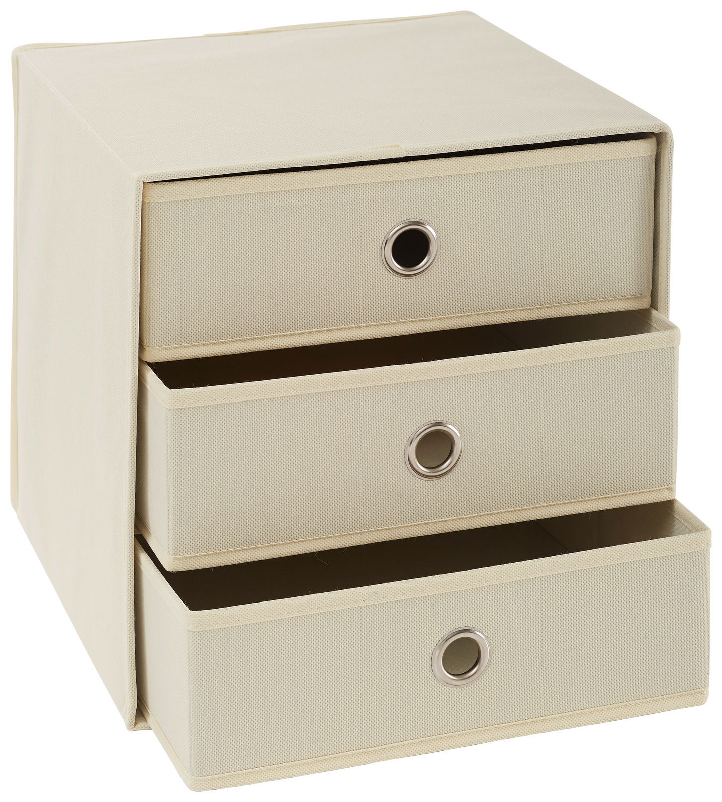 Beige Stoffbox mit drei Schubfächern, frontal leicht von der Seite betrachtet