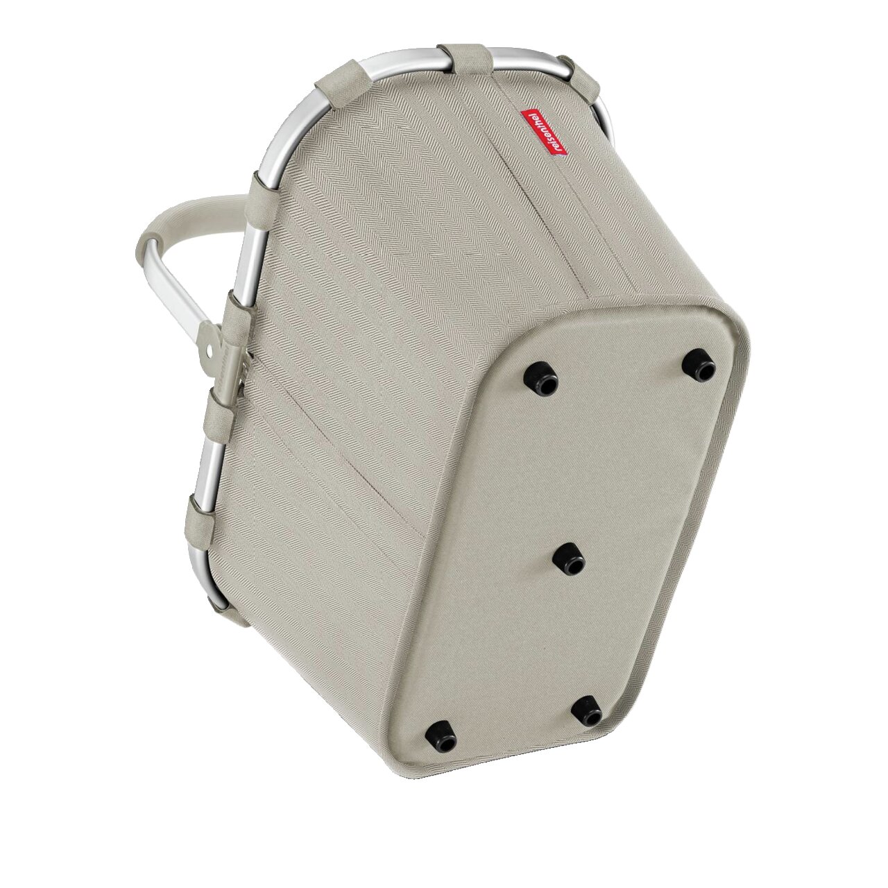 Carrybag in Herringbone Sand, van onderaf gezien met stevige voetjes en een aluminium frame