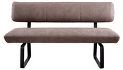 Frontansicht einer modernen Sitzbank mit braunem Polster und schwarzen Metallbeinen.