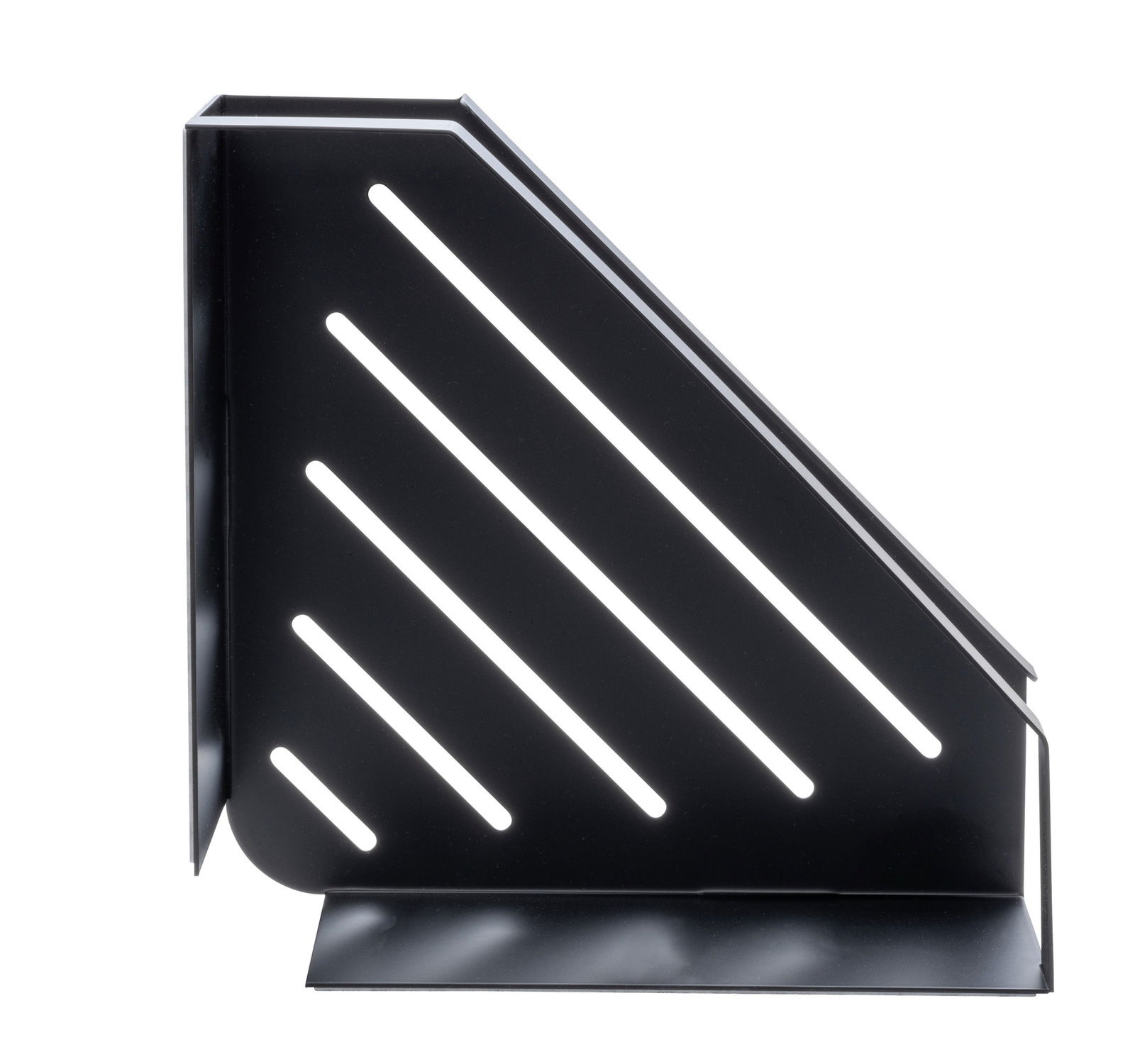 Schwarze Eckablage Meleto mit diagonalen Schlitzen, seitliche Perspektive