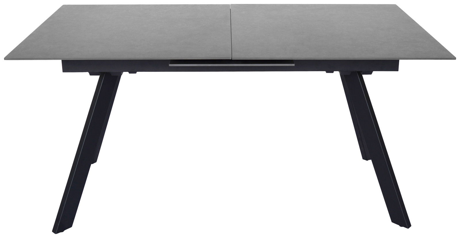 Moderner Esstisch mit grauer Tischplatte und schwarzen, schrägen Beinen, Frontalansicht