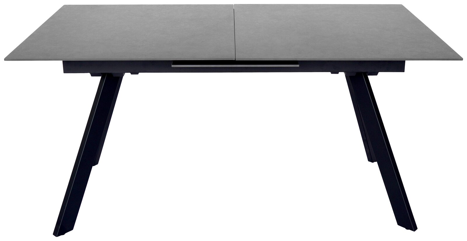 Moderner Esstisch mit grauer Tischplatte und schwarzen, schrägen Beinen, Frontalansicht