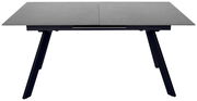 Moderner Esstisch mit grauer Tischplatte und schwarzen, schrägen Beinen, Frontalansicht