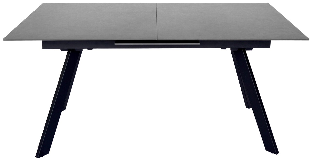 Moderner Esstisch mit grauer Tischplatte und schwarzen, schrägen Beinen, Frontalansicht