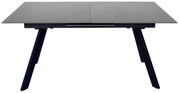 Moderner Esstisch mit grauer Tischplatte und schwarzen, schrägen Beinen, Frontalansicht