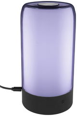 LED-Tischleuchte Mare in zylindrischer Form mit violettem Glas und schwarzem Sockel, seitliche Perspektive