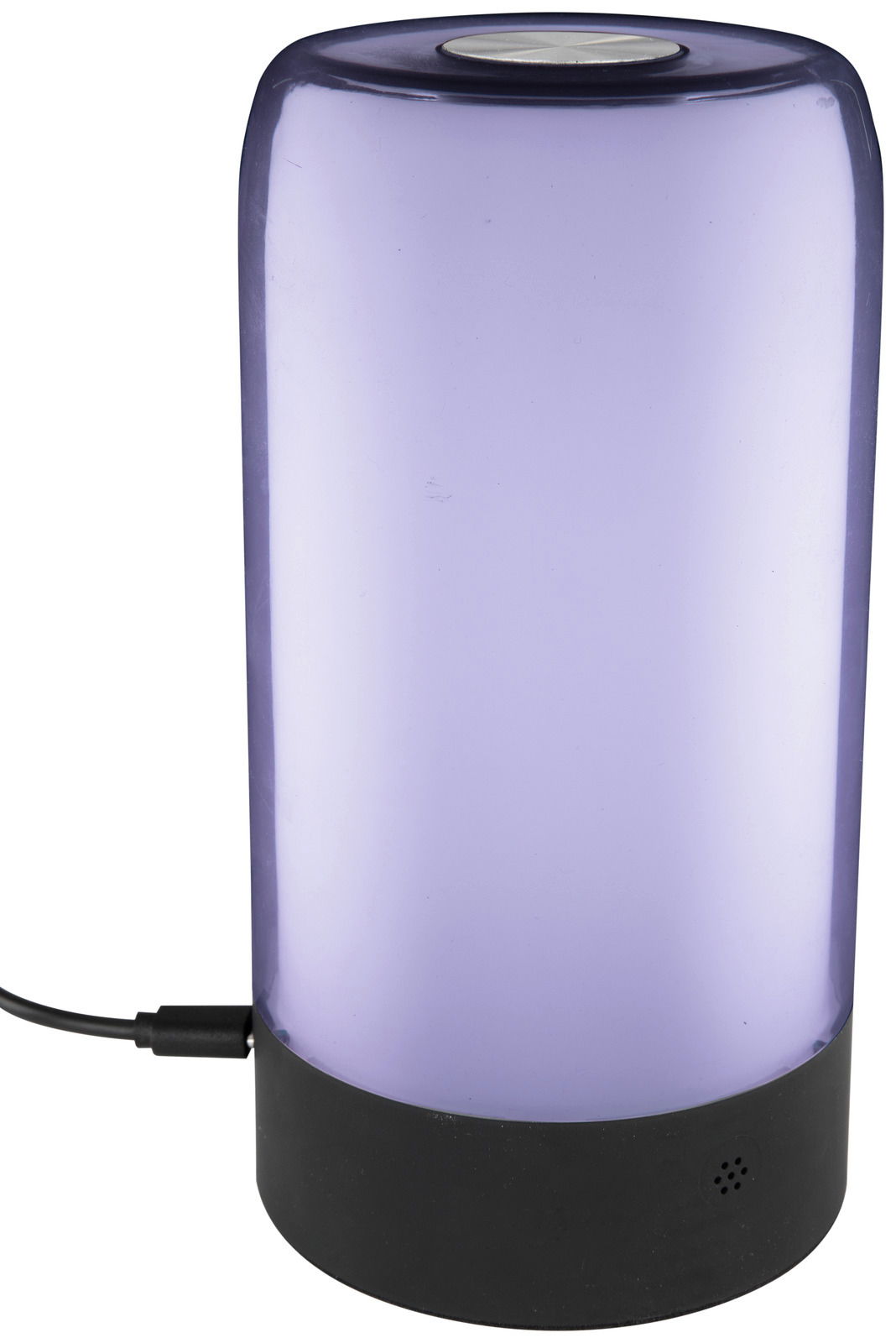 LED-Tischleuchte Mare in zylindrischer Form mit violettem Glas und schwarzem Sockel, seitliche Perspektive
