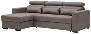 Graues Ecksofa mit Ottomane links, drei Rückenkissen und drei Nackenkissen, Perspektive von vorne links