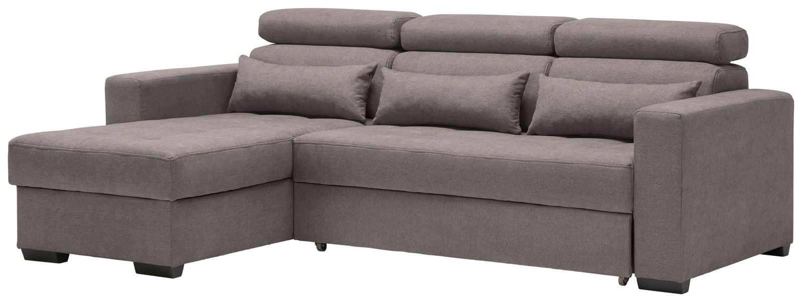 Graues Ecksofa mit Ottomane links, drei Rückenkissen und drei Nackenkissen, Perspektive von vorne links