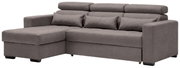 Graues Ecksofa mit Ottomane links, drei Rückenkissen und drei Nackenkissen, Perspektive von vorne links
