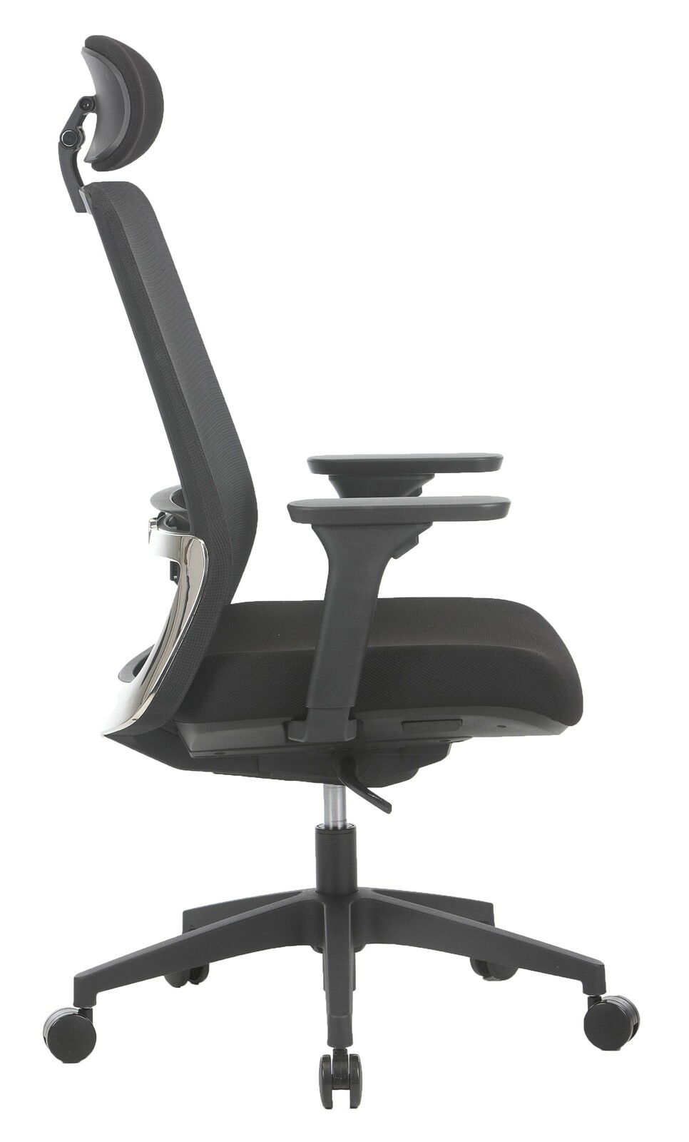 Seitliche Ansicht eines schwarzen Drehstuhls mit Kopfstütze und Armlehnen.