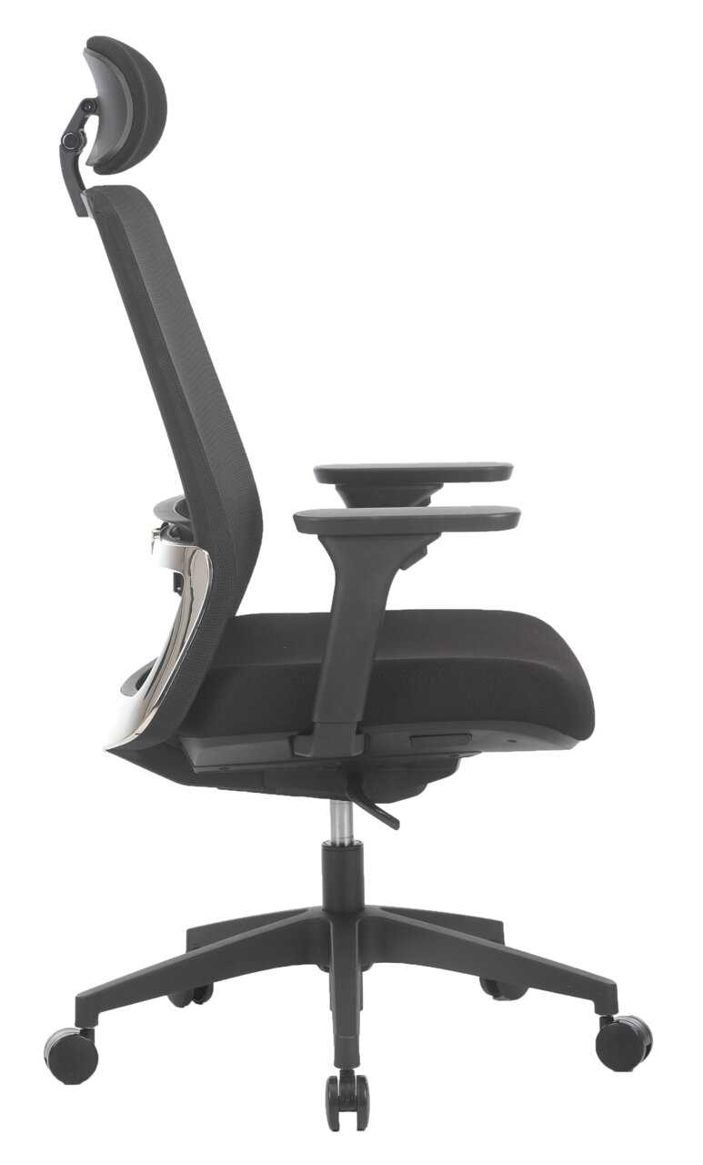 Seitliche Ansicht eines schwarzen Drehstuhls mit Kopfstütze und Armlehnen.