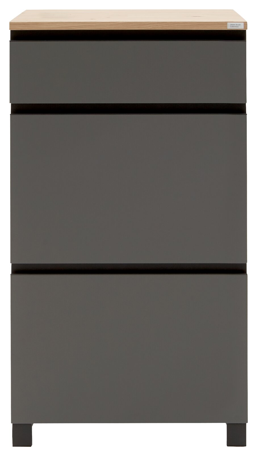 Frontansicht einer modernen, grauen Kommode mit drei Schubladen und einer Holzoberfläche.