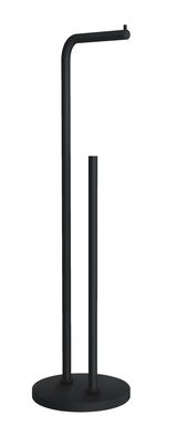 Schwarzer Toilettenpapierhalter aus Metall, freistehend mit zwei Stangen, frontal abgebildet.