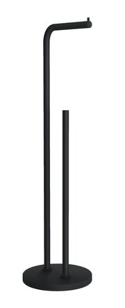 Schwarzer Toilettenpapierhalter aus Metall, freistehend mit zwei Stangen, frontal abgebildet.