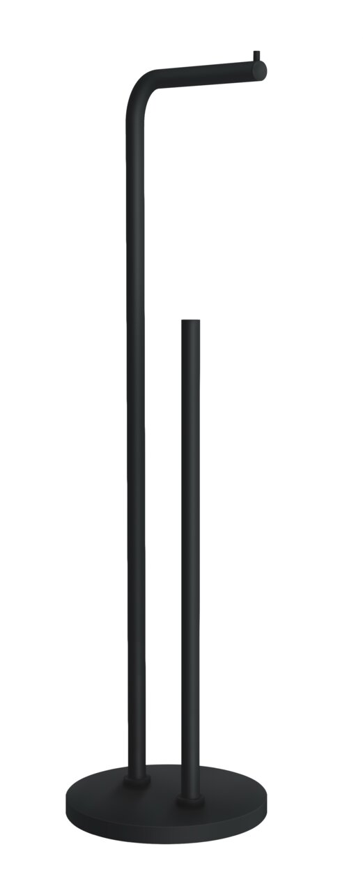 Schwarzer Toilettenpapierhalter aus Metall, freistehend mit zwei Stangen, frontal abgebildet.