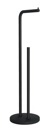 Schwarzer Toilettenpapierhalter aus Metall, freistehend mit zwei Stangen, frontal abgebildet.