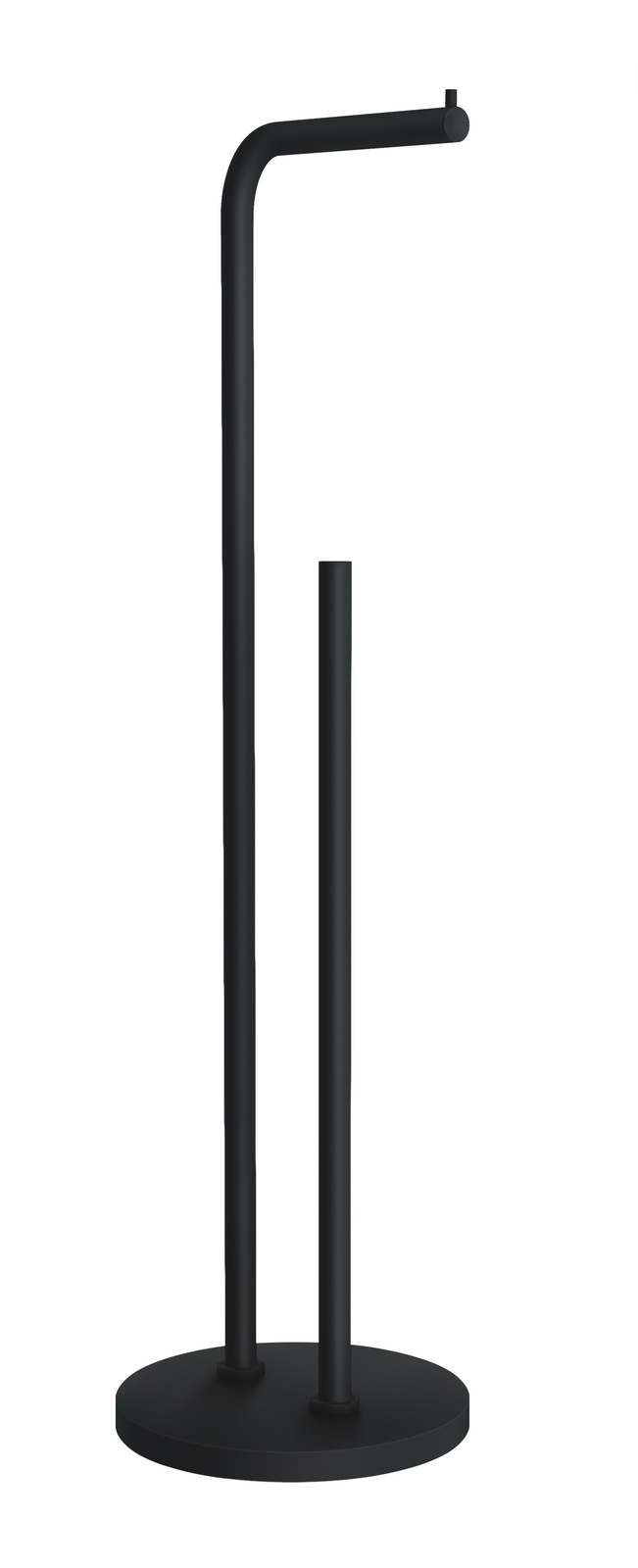 Schwarzer Toilettenpapierhalter aus Metall, freistehend mit zwei Stangen, frontal abgebildet.