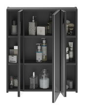 Moderner Spiegelschrank LINUS mit geöffneter Tür, gefüllt mit Pflegeprodukten, aus der Frontalperspektive.