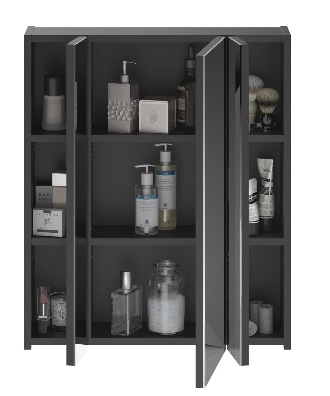 Moderner Spiegelschrank LINUS mit geöffneter Tür, gefüllt mit Pflegeprodukten, aus der Frontalperspektive.