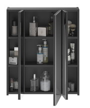 Moderner Spiegelschrank LINUS mit geöffneter Tür, gefüllt mit Pflegeprodukten, aus der Frontalperspektive.