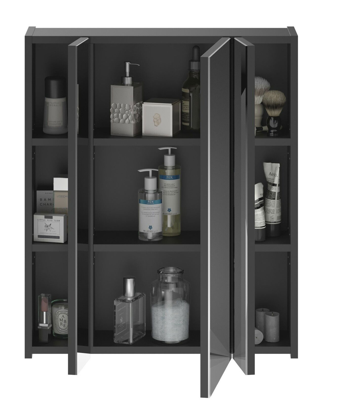 Moderner Spiegelschrank LINUS mit geöffneter Tür, gefüllt mit Pflegeprodukten, aus der Frontalperspektive.