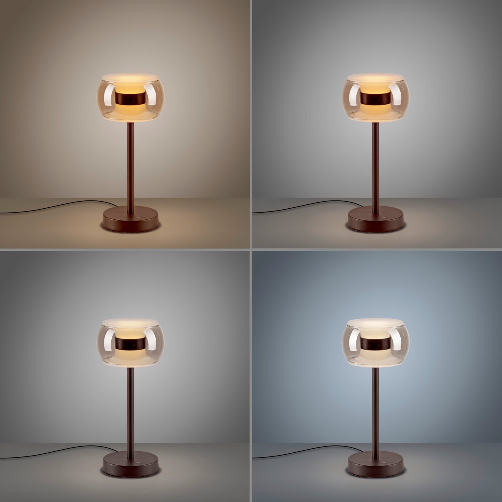 Moderne Tischleuchte mit rundem Glas-Schirm und warmem Licht, brauner Metallfuß und Kabel sichtbar, frontal aus leicht erhöhter Perspektive auf neutralem Hintergrund