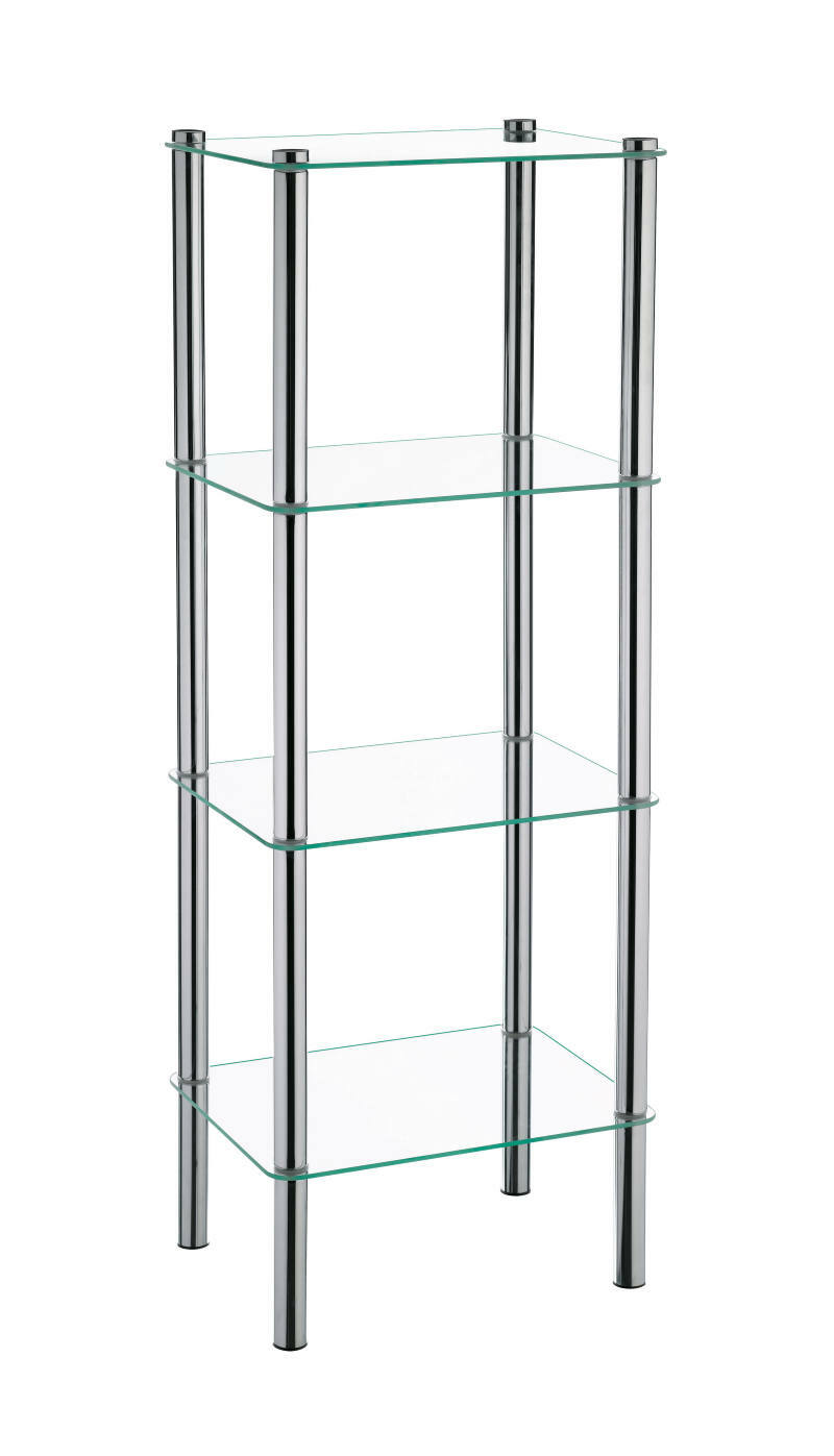 Regal mit vier Glasböden und Metallrahmen, seitliche Perspektive