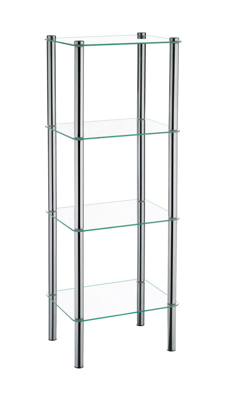 Kela Regal Lars 4 Etagen Regal mit vier Glasböden und Metallrahmen, seitliche Perspektive