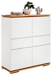 Weißes Highboard mit Holzdetails, dekoriert mit einer Pflanze und einer Zeitschrift, seitliche Perspektive