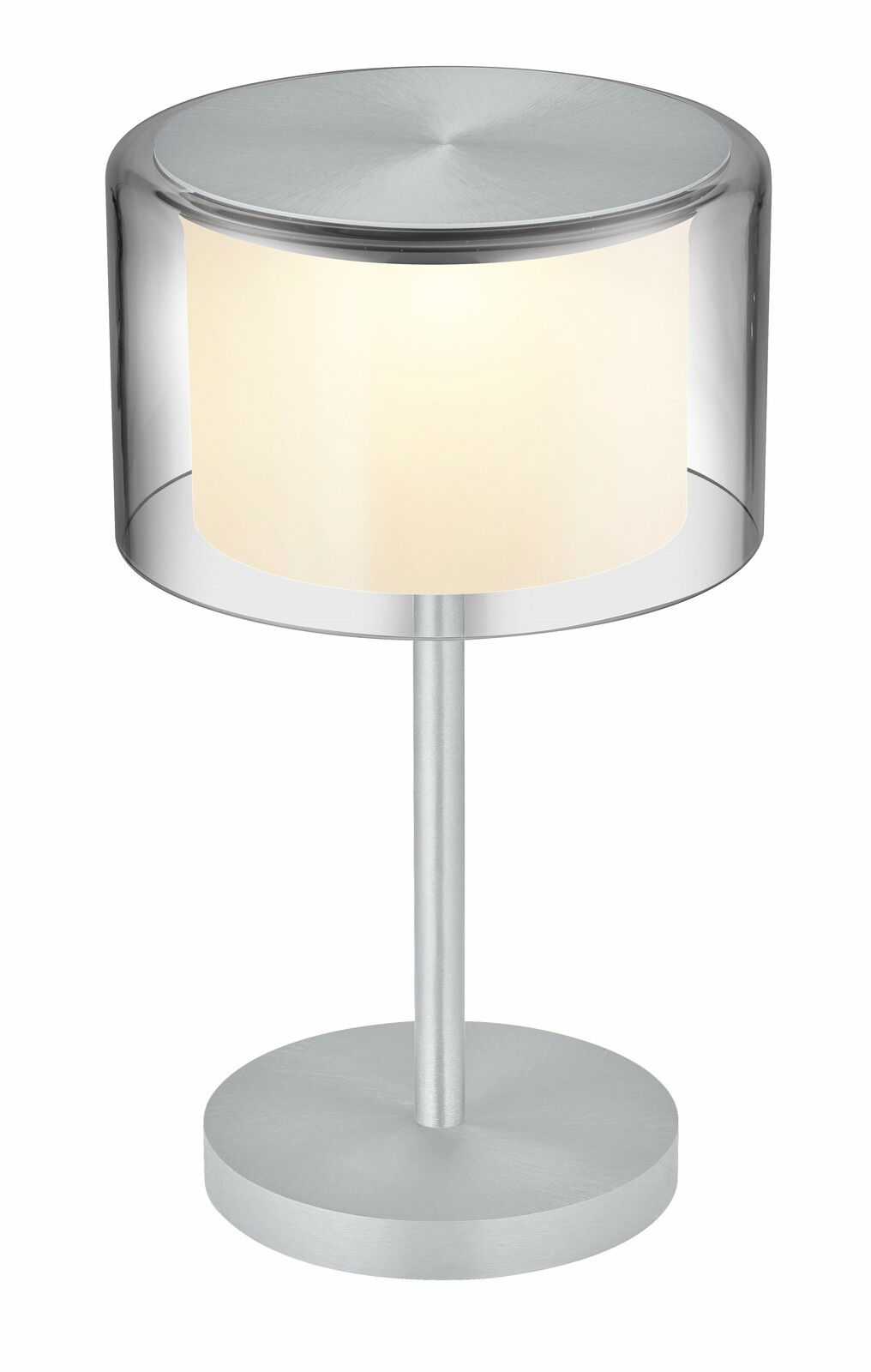 Moderne Akku-Tischleuchte GRAND SMOKE in silberner Optik, seitliche Perspektive