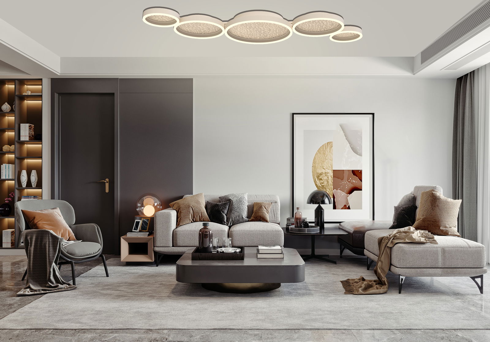 Moderne LED-Deckenleuchte in einem stilvollen Wohnzimmer, aus der Perspektive von unten betrachtet.